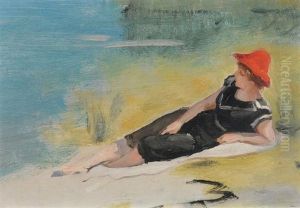 Badende Mit Rotem Sonnenhut by Frederic Dufaux