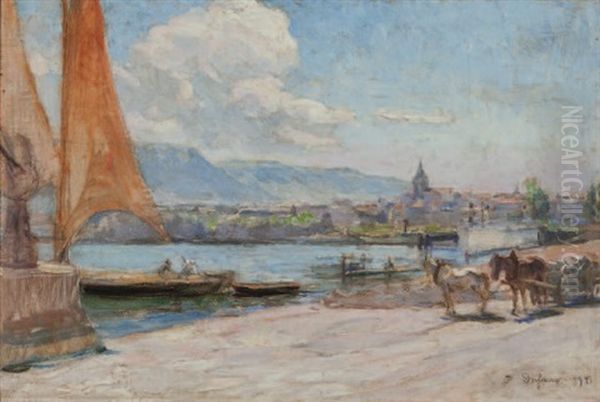 Uferlandschaft Mit Pferdefuhrwerk Und Blick Auf Ein Stadtchen - view 1