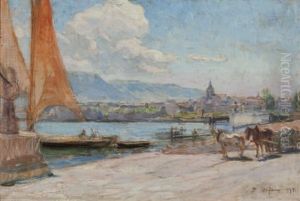 Uferlandschaft Mit Pferdefuhrwerk Und Blick Auf Ein Stadtchen by Frederic Dufaux