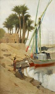Felouks Et Porteuses D'eau Au Bord Du Nil