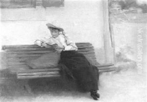 Lesendes Madchen Auf Einer Grunen Bank Vor Dem Haus by Frederic Dufaux