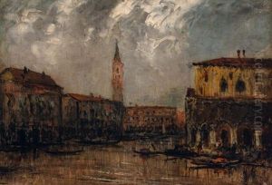Gondolas On A Canal, Venice by Edouard-Jacques Dufeu