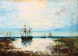 Ships Along The Coast At Night by Edouard-Jacques Dufeu