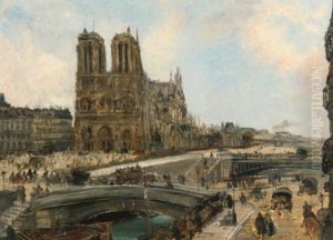 View Of Paris With Notre Dame by Edouard-Jacques Dufeu