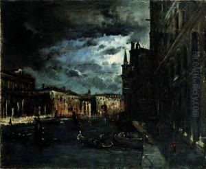 Vue Nocturne D'un Canal A Venise by Edouard-Jacques Dufeu