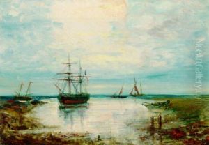 Opankrede Skibe Ved Kysten Ved Solnedgangstide by Edouard-Jacques Dufeu