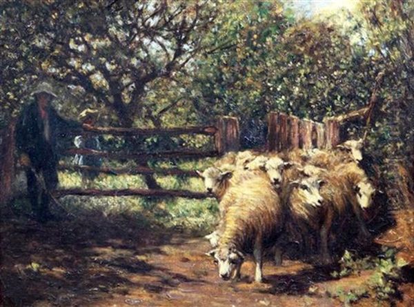 Shepherd And Flock Beside An Orchard - view 1