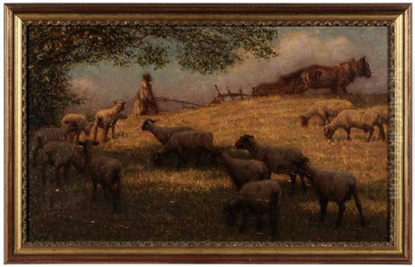 Pastoral Landscape, Sheep And Farmer Plowing Field - view 1