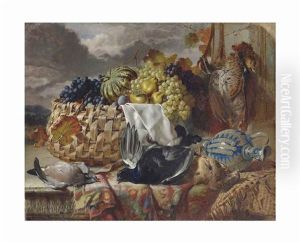 A Black Grouse, A Greyhen, A Wood Pigeon And A Pheasant Beside Grapes, Pears And A Melon In A Wicker Basket, On A Partially Draped Ledge