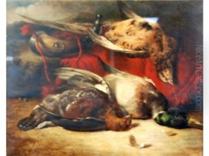 Three Dead Game Birds, A Grouse And Mallard Lying On The Ground, A Pheasant Placed Upon A Red Cloth Draped Over A Boulder, A Scottish Poweder Horn Nearby, Hills Beyond by William Duffield