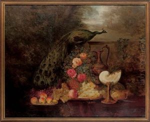 A Peacock, Roses, Wildflowers, Grapes, Apples, Peaches And A Pineapple On A Table, In An Extensive Landscape