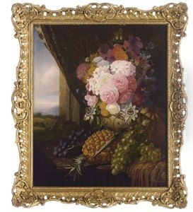Grapes, A Pineapple, A Melon And An Arrangement Of Summer Flowers On A Stone Ledge, A Landscape Beyond