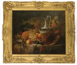 Grapes, Peaches, A Pineapple, Flowers, A Silver Decanter, Gold Plate And Pheasant, On A Ledge by William Duffield