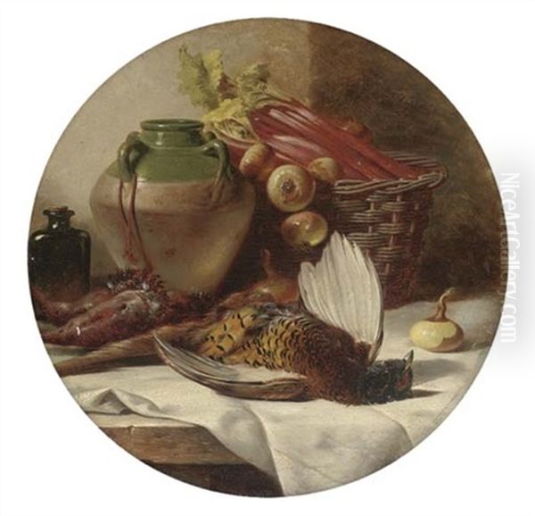 A Pheasant, Onions, Rhubarb In A Basket, With A Pot And Jar To The Side - view 1