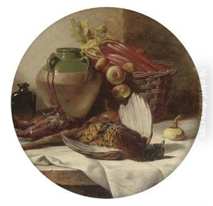 A Pheasant, Onions, Rhubarb In A Basket, With A Pot And Jar To The Side