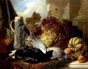 Still Life Of Black Cock, Wood Pigeon, A Stein, Silver Gilt Claret Jug And Red Grapes, A Gourd, Peaches, Plums, Whitecurrants And Raspberries