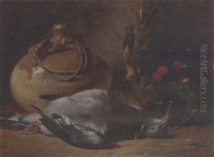 A Pigeon, Songbirds, A Stoneware Flask, A Glass Goblet And Cherries On A Wooden Ledge