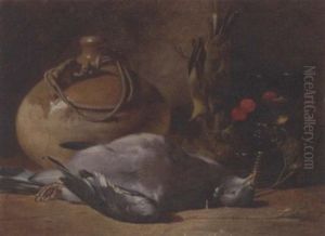 A Pigeon, Songbirds, A Stoneware Flask, A Glass Goblet And Cherries, On A Wooden Ledge by William Duffield