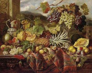 Still Life With Peaches, A Pomegranate, Grapes In A Tazza, A Pineapple, An Orange, Plums And Pears, Amongst Roses, Poppies And Vines On A Chest, Draped With A Rug