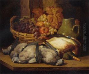 Dead Game, Grapes And Apples In A Wicker Basket, And A Green Ceramic Pot, On A Wooden Table