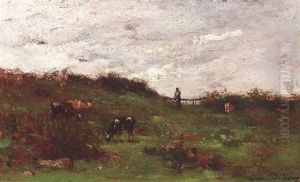Weidelandschaft Mit Hirten Und Vieh Auf Einem Wiesenhang by Camille Emile Dufour