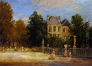 Elegant Figures Before A French Chateau by Georges Leon Dufrenoy