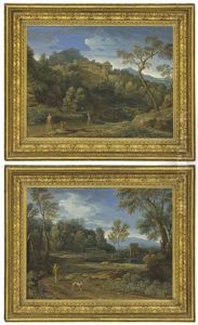 A Classical Landscape With Figures On A Road, A Town Beyond; And A Wooded Landscape With A Lake And A Man With His Dog In The Foreground by Gaspard Dughet