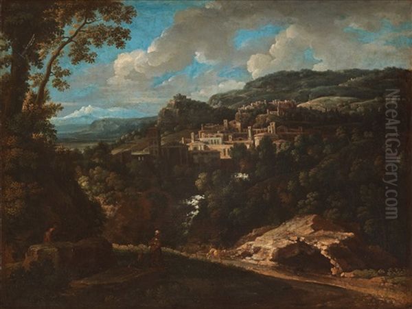 An Extensive Landscape With A Town Beside A Waterfall - view 1