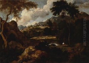 An Extensive Landscape With Figures Seated By A Lake, A Town On A Hill Beyond by Gaspard Dughet