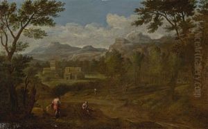 An Italianate Landscape With Two Figures Resting On Rocks In The Foreground And Mountains Beyond by Gaspard Dughet