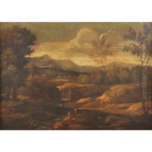 Weite Landschaft Mit Wasserfall Und Staffage