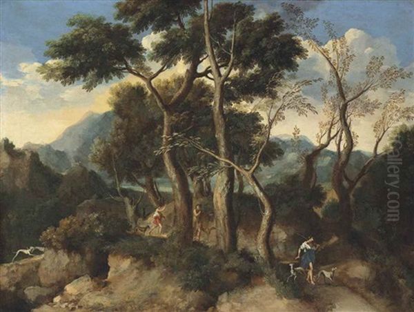 An Arcadian Wooded Landscape With Figures And Their Dogs On A Path, A Mountain Beyond - view 1