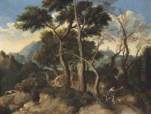 An Arcadian Wooded Landscape With Figures And Their Dogs On A Path, A Mountain Beyond
