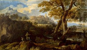 Classical Figures In Italianate Landscape With Walled City In Background