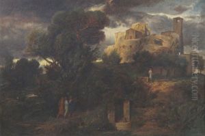 A Wooded Landscape With Figures by Gaspard Dughet