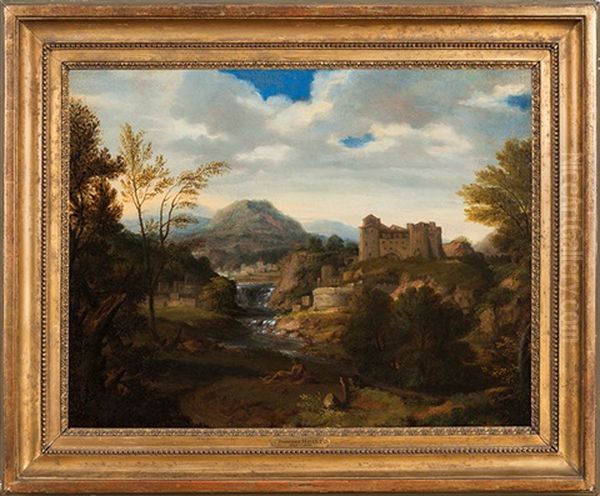Paysage De Riviere Avec Un Chateau Et Un Berger Se Reposant - view 1