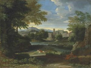An Italianate Wooded Landscape With A Figure Resting By A Path And Another On Horseback By A River, A Town Beyond by Gaspard Dughet