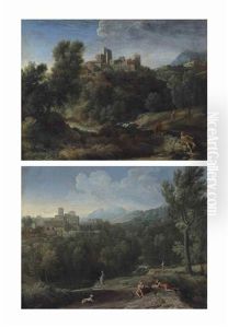 An Italianate Wooded Landscape With Figures Resting In The Foreground, A Hilltop Town Beyond; And An Italianate Wooded Landscape At Dusk, With Figures Conversing In The Foreground, A Town Beyond by Gaspard Dughet