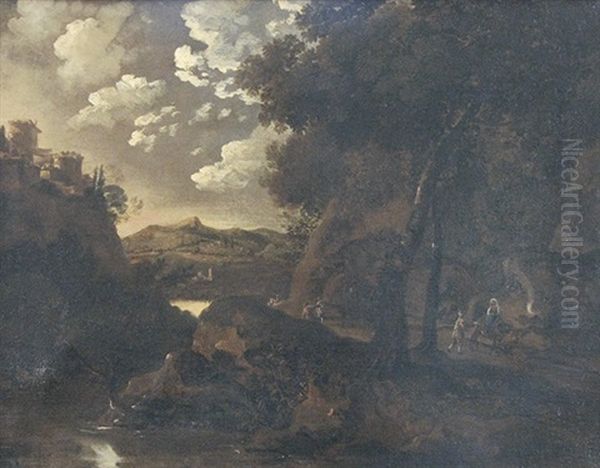Sudliche Landschaft Mit Reisenden Bei Einem Bach - view 1