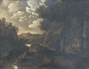 Sudliche Landschaft Mit Reisenden Bei Einem Bach