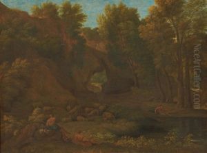 Paysage Anime De Bergers Et Troupeau A L'ombre D'un Bosquet Pres D'une Arche Rocheuse