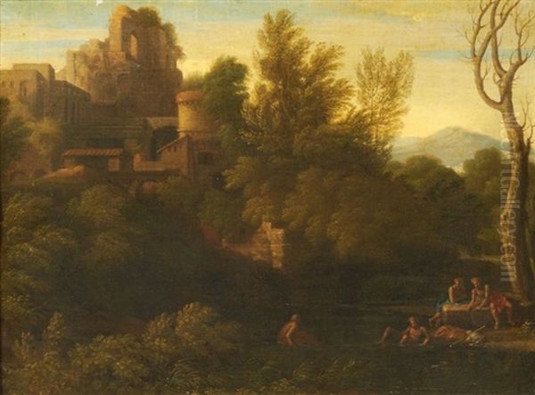 Paysage Boise De La Campagne Romaine Anime De Personnages Pres D'un Lac - view 1