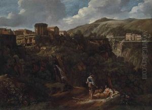 The Cascade At Tivoli, With Two Washerwomen Resting By A Path by Gaspard Dughet