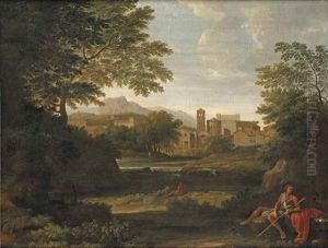 An Italianate River Landscape With Figures Resting, A Village Beyond by Gaspard Dughet