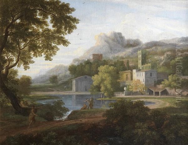 An Italianate Landscape With Figures By A Lake, A Village Beyond - view 1
