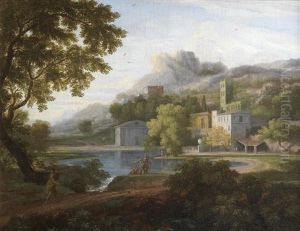 An Italianate Landscape With Figures By A Lake, A Village Beyond by Gaspard Dughet