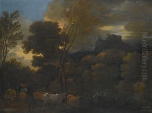 Two Men With Cattle In An Italianate Landscape, With A Ruined Castle On A Promontory In The Distance
