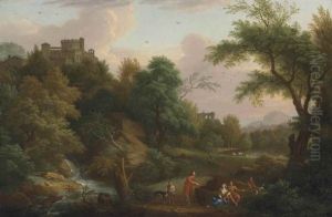 An Italianate Wooded Landscape With Figures Conversing By A Waterfall, A Castle Beyond by Gaspard Dughet
