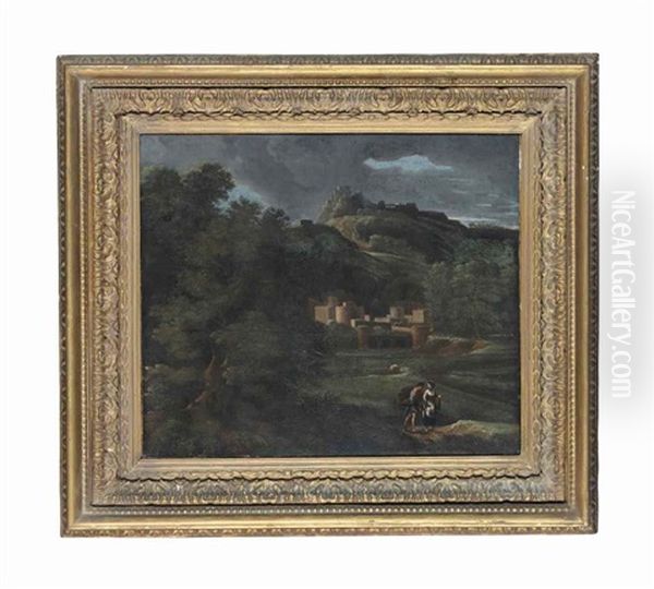 A Wooded Landscape With Two Travellers On A Road, A Castle Beyond - view 1