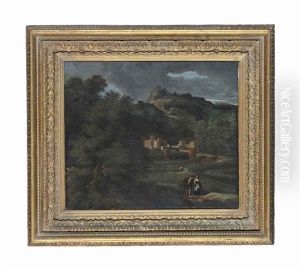 A Wooded Landscape With Two Travellers On A Road, A Castle Beyond by Gaspard Dughet